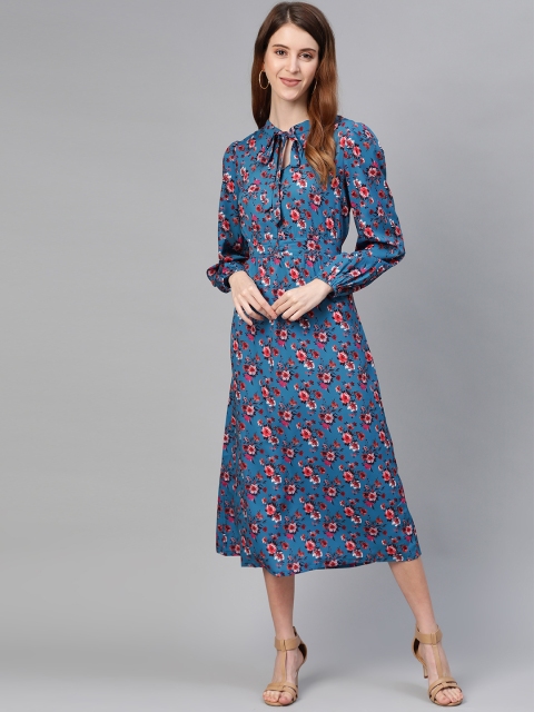 

Mast & Harbour Women Teal Blue & Red Floral Printed A-Line Dress