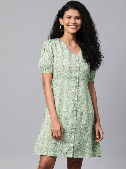 

Mast & Harbour Women Green & White Floral Print A-Line Dress