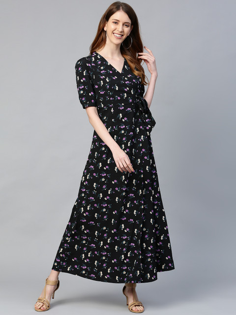 

Mast & Harbour Women Black & Purple Printed Wrap Dress