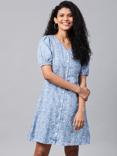 

Mast & Harbour Women Blue & White Floral Print A-Line Dress
