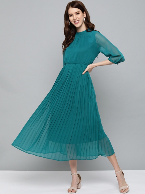 

Mast & Harbour Women Teal Blue Solid Accordion Pleated A-Line Dress