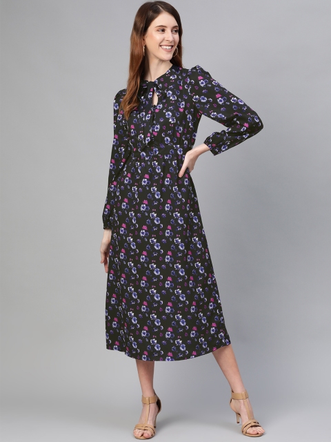 

Mast & Harbour Women Black & Purple Floral Printed A-Line Dress