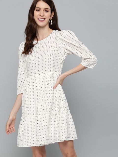 

Mast & Harbour Women Off-White and Black Polka Dot Printed Tiered Dress