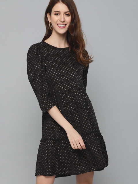 

Mast & Harbour Women Black & Golden Polka Dots Print A-Line Tiered Dress