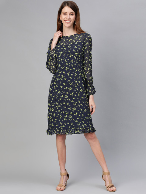 

Mast & Harbour Women Navy Blue & Lime Green Floral Print Sheath Dress