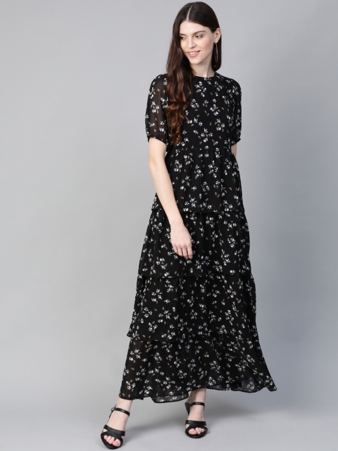 

Mast & Harbour Women Black & Grey Floral Printed Tiered Maxi Dress