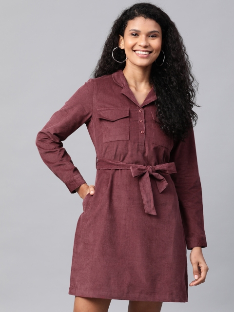 

Mast & Harbour Women Burgundy Solid Corduroy Shirt Dress With Belt