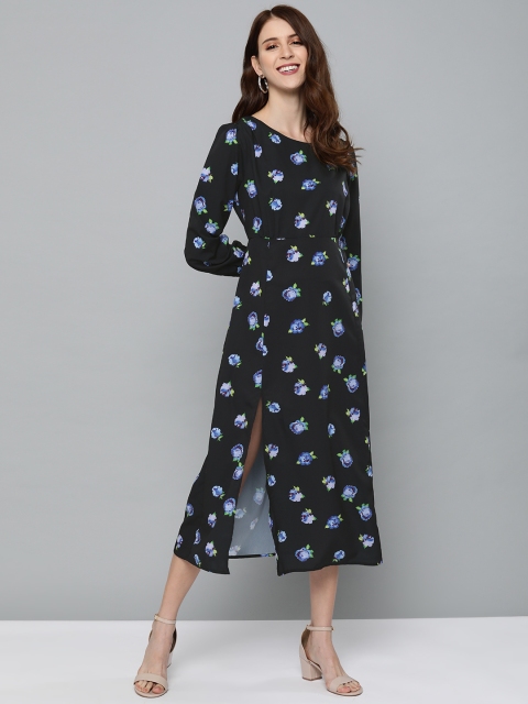 

Mast & Harbour Women Black & Blue Floral Printed Front Slit A-Line Dress