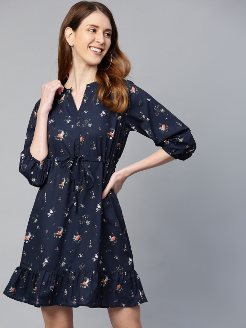 

Mast & Harbour Women Navy Blue & Peach-Coloured Printed A-Line Dress