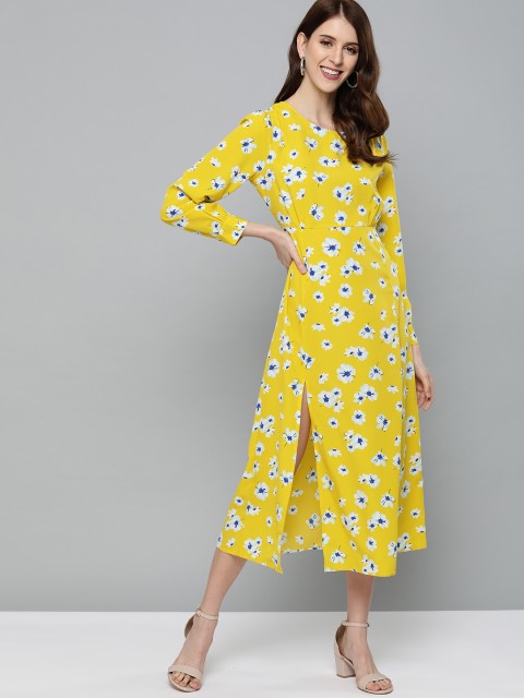 

Mast & Harbour Women Yellow & Blue Floral Printed Front Slit A-Line Dress
