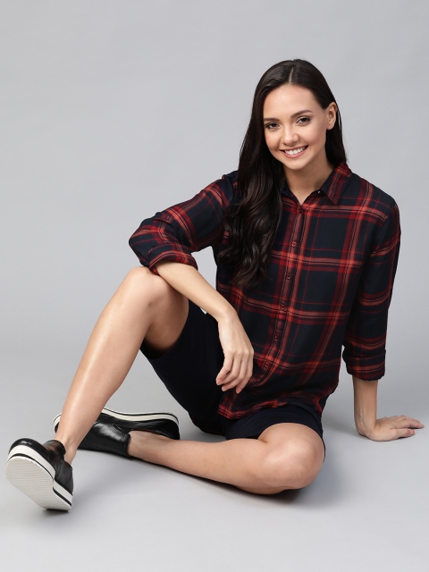 

Mast & Harbour Navy Blue & Rust Brown Regular Fit Checked Casual Longline High-Low Shirt