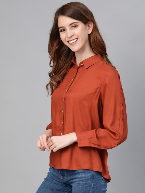 

Mast & Harbour Women Rust Orange Lace Regular Fit Solid High-Low Casual Shirt