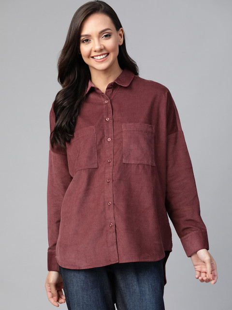 

Mast & Harbour Women Maroon Oversized Solid High Low Corduroy Casual Shirt
