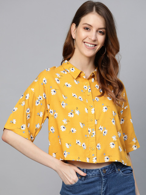 

Mast & Harbour Women Mustard Yellow & Off-White Boxy Floral Print Crop Shirt