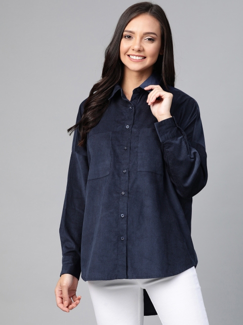 

Mast & Harbour Women Navy Blue Oversized Solid High Low Corduroy Casual Shirt