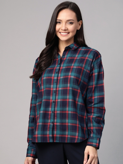 

Mast & Harbour Women Navy Blue & Teal Green Relaxed Fit Checked Casual Shirt
