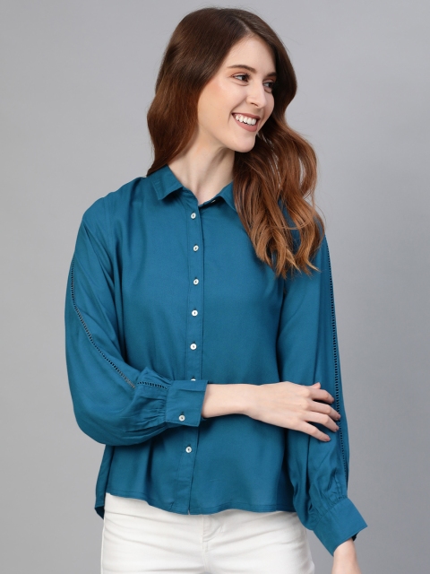

Mast & Harbour Women Teal Blue Lace Regular Fit Solid High-Low Casual Shirt