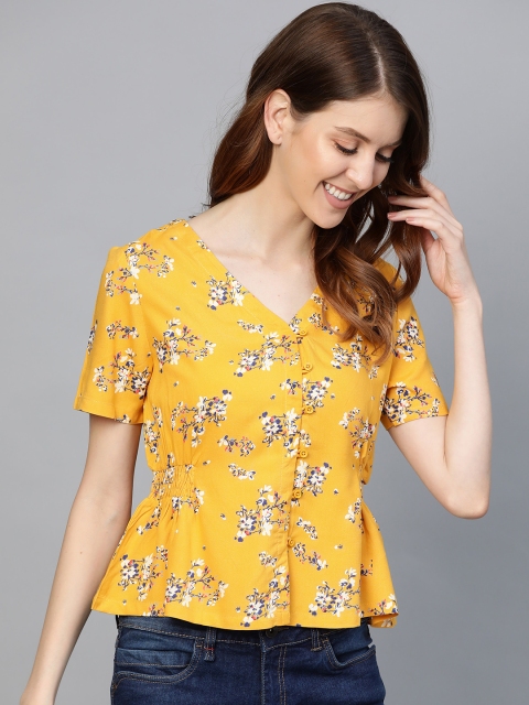 

Mast & Harbour Women Yellow & Navy Blue Floral Print A-Line Top