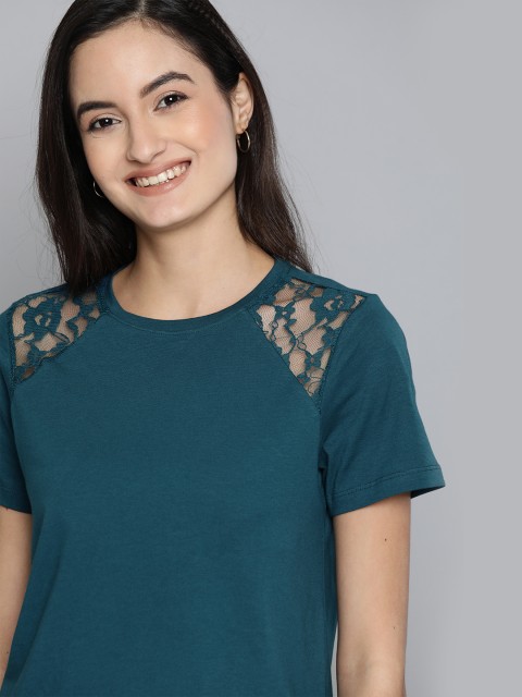 

Mast & Harbour Women Teal Blue Solid Lace Insert Top