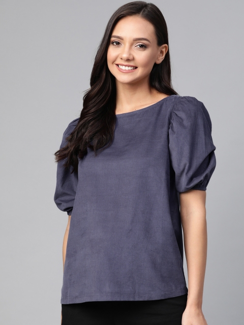 

Mast & Harbour Women Blue Solid Corduroy Pure Cotton Top
