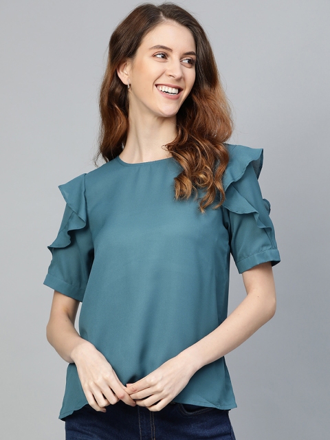 

Mast & Harbour Women Teal Blue Ruffled Solid Top