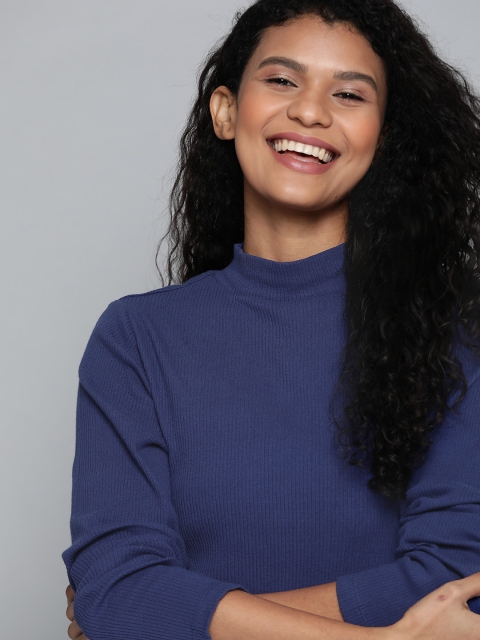 

Mast & Harbour Women Navy Blue Ribbed Bodysuit