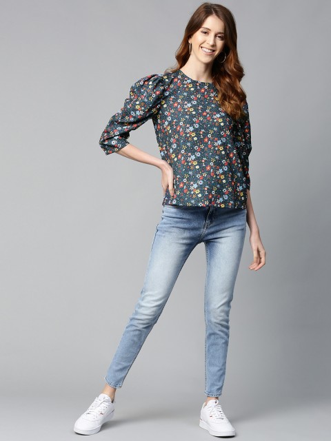 

Mast & Harbour Women Teal Blue & Yellow Ditsy Floral Print Top