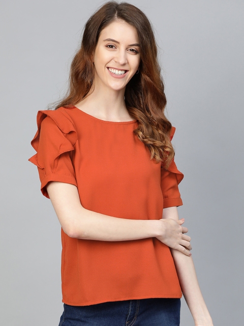 

Mast & Harbour Women Rust Orange Solid Ruffled Top