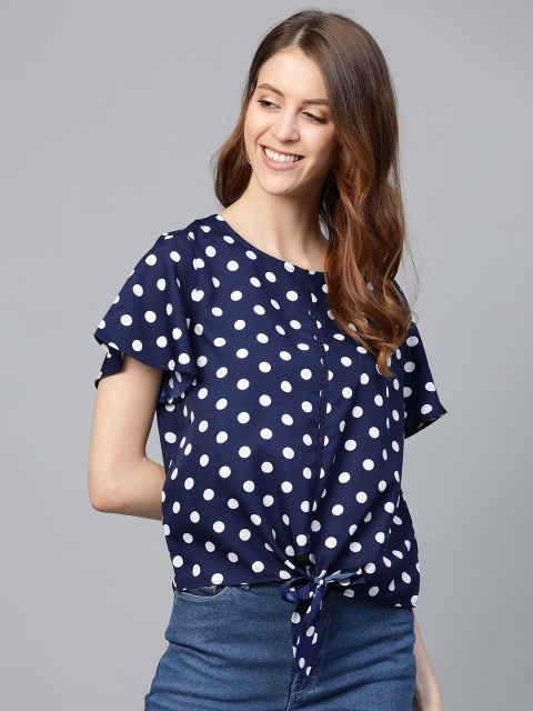 

Mast & Harbour Women Navy & White Polka Dot Print Front Tie-Up Top, Navy blue