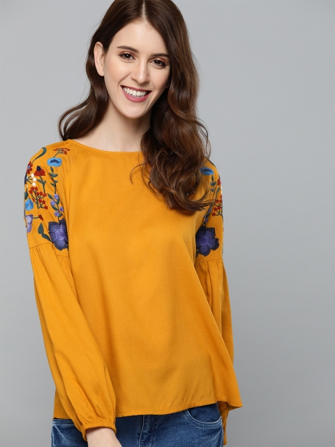 

Mast & Harbour Women Mustard Yellow Embroidered Detail Top