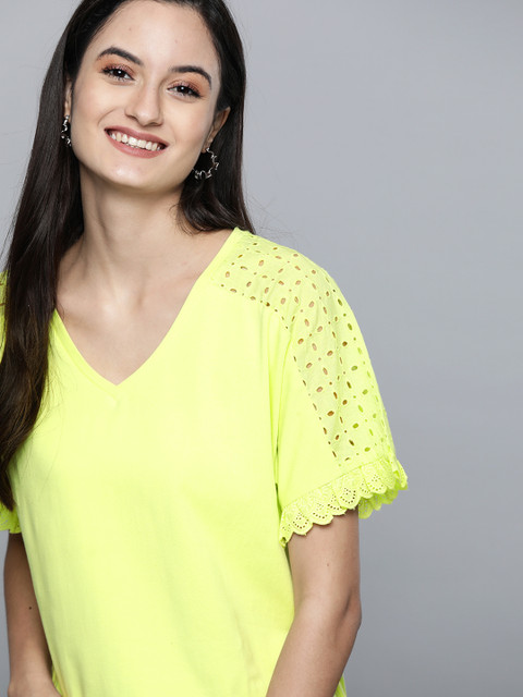 

Mast & Harbour Women Lime Green Solid Top With Schiffli Embroidery