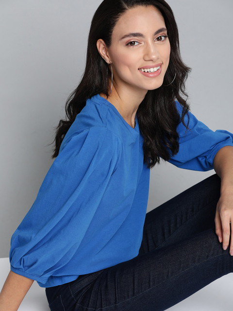 

Mast & Harbour Women Blue Puff Sleeves Solid Pure Cotton Top