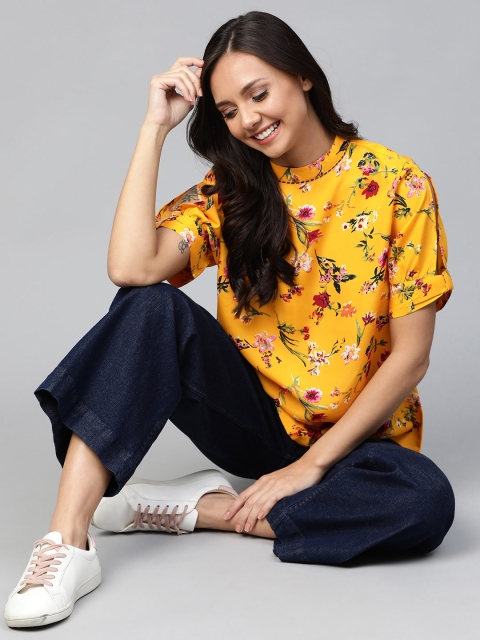 

Mast & Harbour Women Mustard Yellow & Pink Floral Print Top