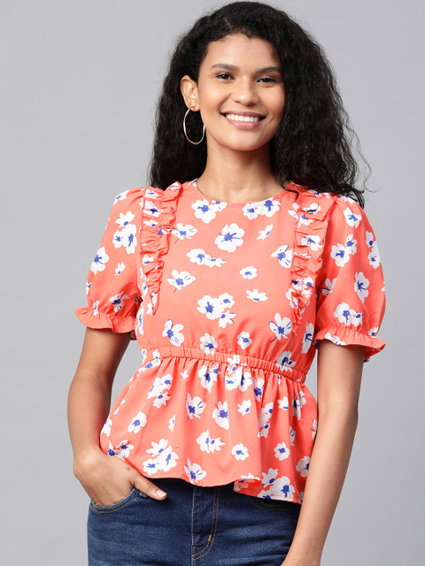 

Mast & Harbour Women Coral Pink & Blue Floral Printed Cinched Waist Top