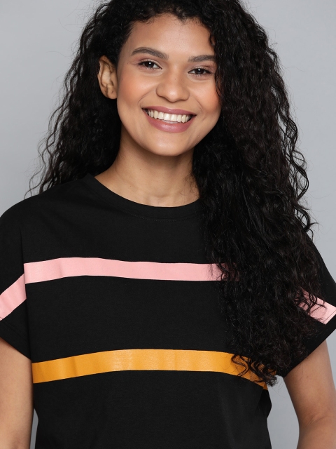 

Mast & Harbour Women Black & Pink Striped Round Neck T-shirt
