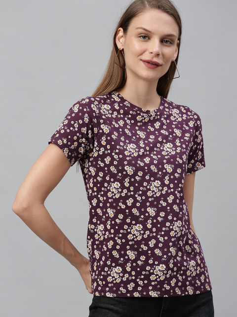 

Mast & Harbour Women Burgundy & White Floral Printed Round Neck T-shirt