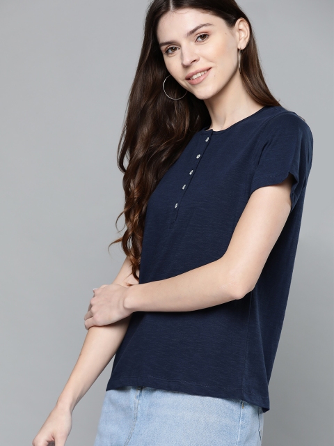 

Mast & Harbour Women Navy Blue Solid Henley Neck T-shirt
