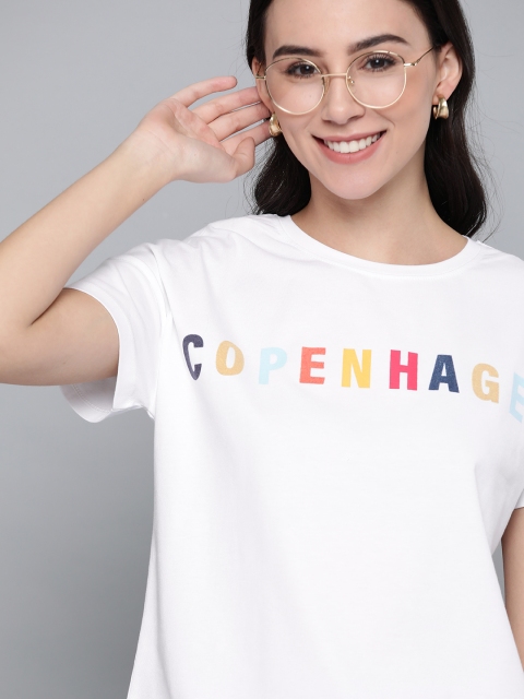 

Mast & Harbour Women White & Mustard Yellow Printed Round Neck T-shirt