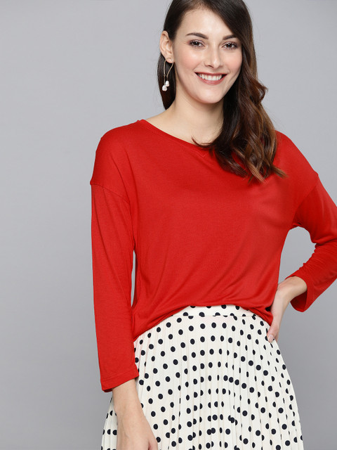 

Mast & Harbour Women Red Relax Fit Solid V-Neck T-shirt