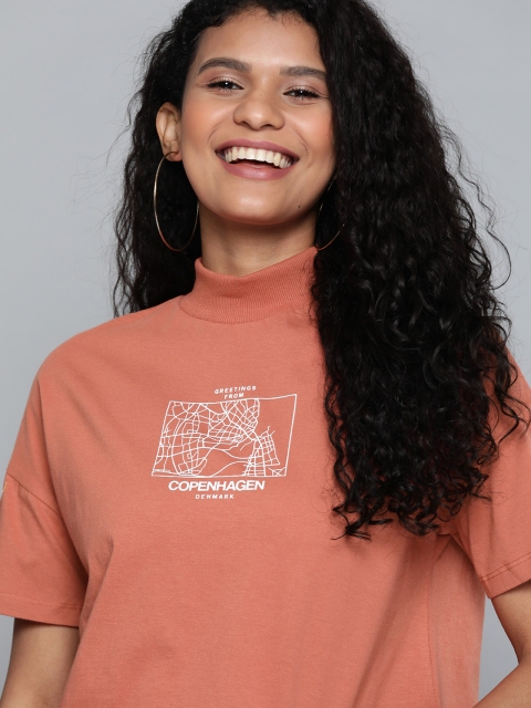 

Mast & Harbour Women Rust Orange Printed High Neck T-shirt