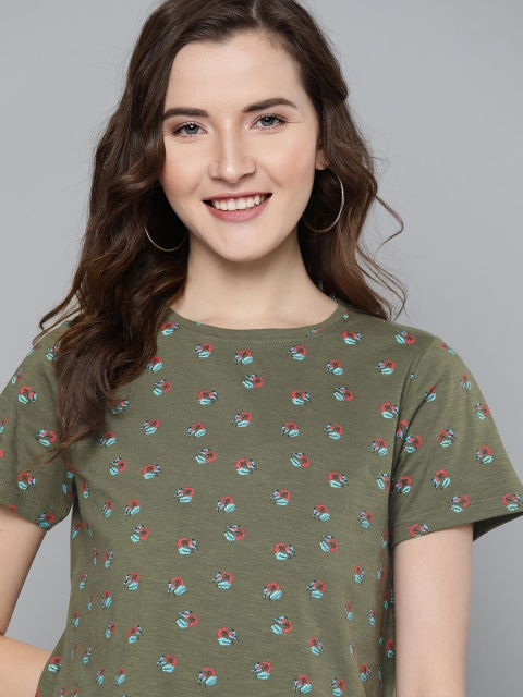 

Mast & Harbour Women Olive Green & Red Floral Print Round Neck T-shirt