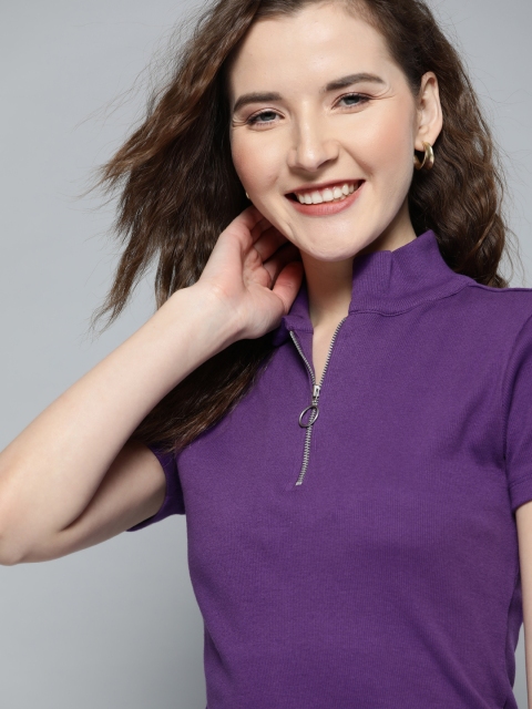 

Mast & Harbour Women Purple Solid High Neck T-shirt