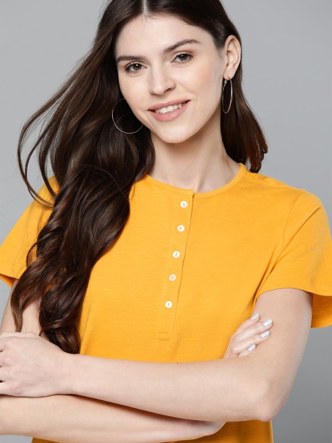 

Mast & Harbour Women Mustard Yellow Solid Henley Neck T-shirt