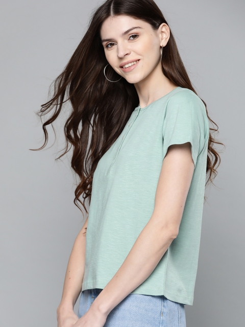 

Mast & Harbour Women Sea Green Solid Henley Neck T-shirt