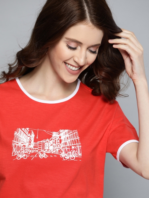 

Mast & Harbour Women Red & White Printed Round Neck T-shirt