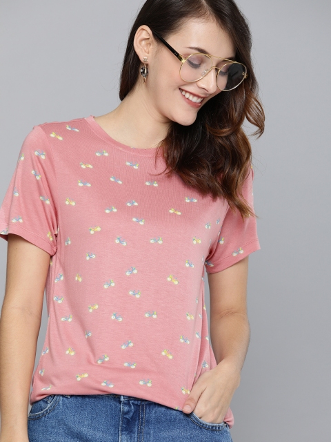 

Mast & Harbour Women Pink & Blue Printed Round Neck T-shirt