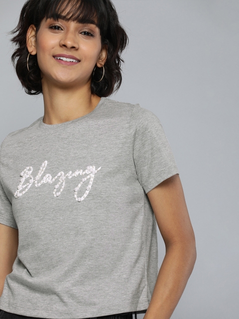 

Mast & Harbour Women Grey Melange Printed Round Neck T-shirt With Embellished Detailing