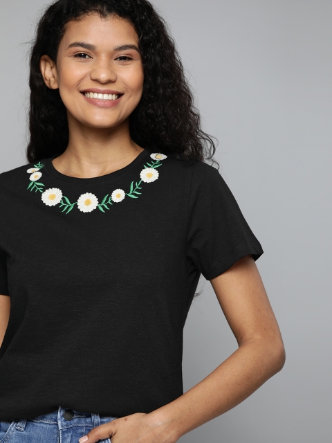 

Mast & Harbour Women Black Solid Round Neck T-shirt With Embroidered Detail