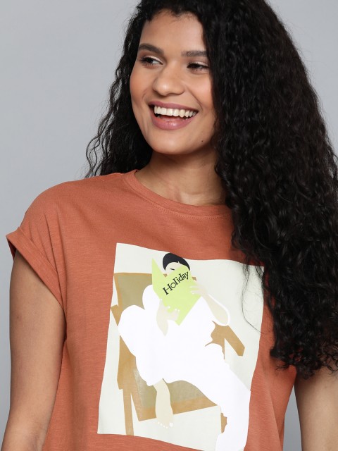 

Mast & Harbour Women Rust Orange & Off-White Printed Round Neck T-shirt