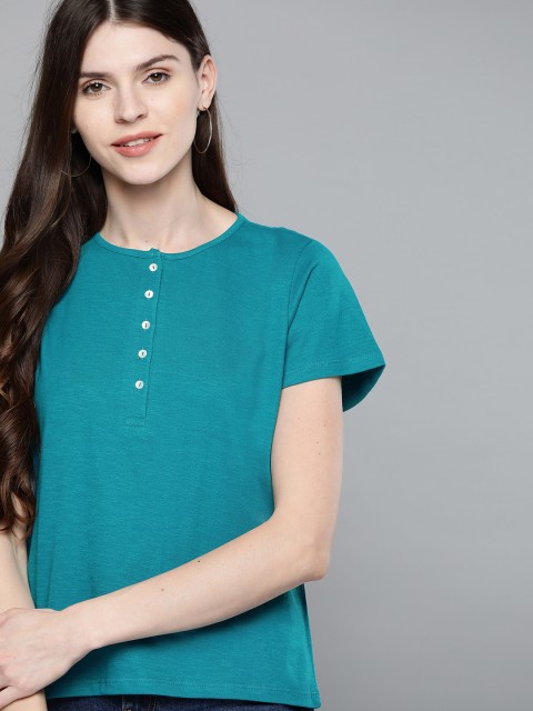 

Mast & Harbour Women Teal Blue Solid Henley Neck T-shirt